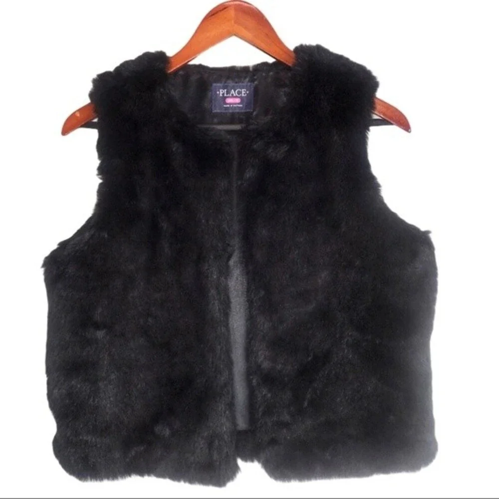 The Children’s Place Girl's Open Front Black Faux Fur Vest Jacket Size XXL 16